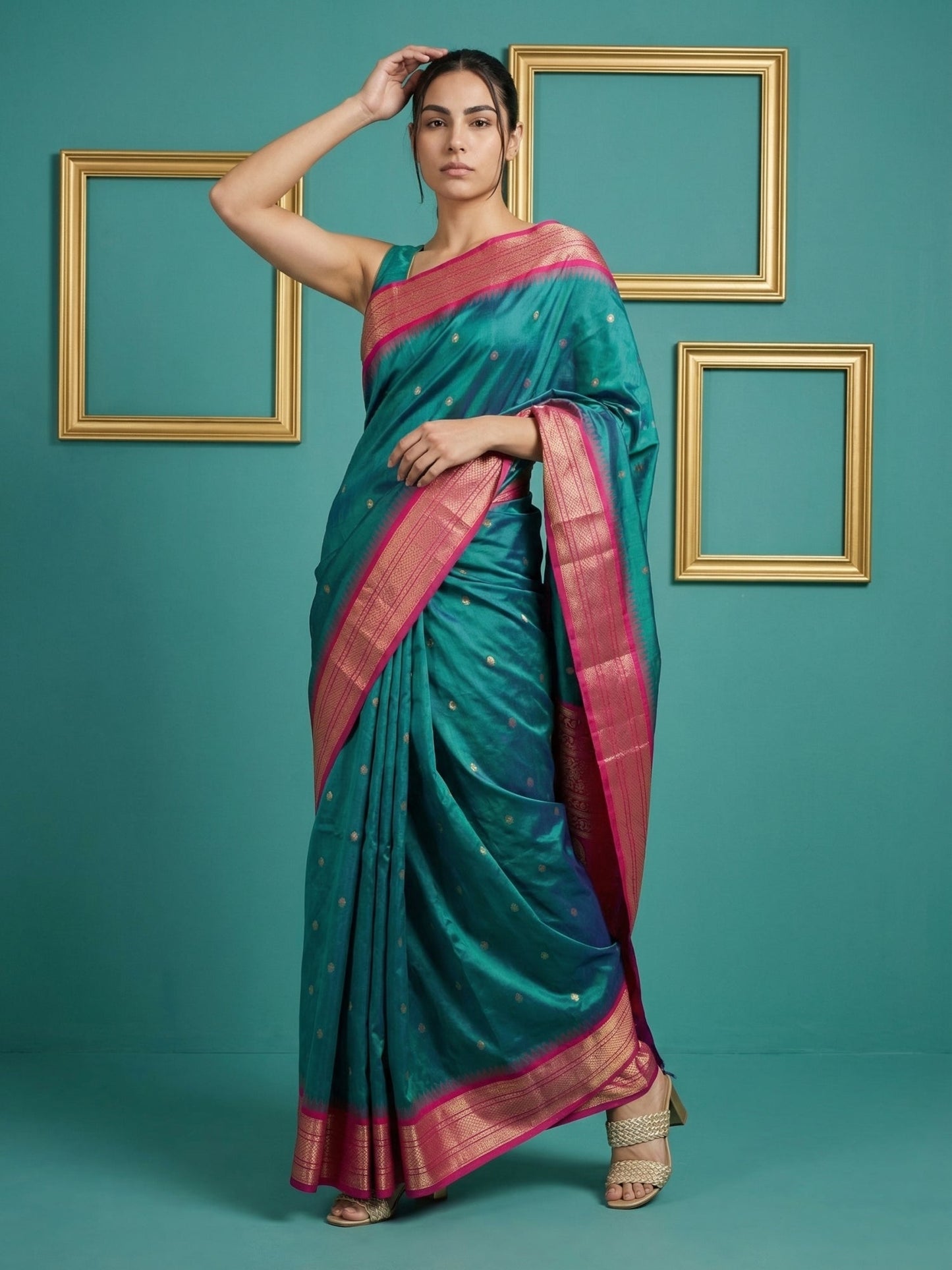 PGREEN Premium Soft Silk Saree Gold Zari Woven Saree Contrast Pallu Festive Saree With Blouse