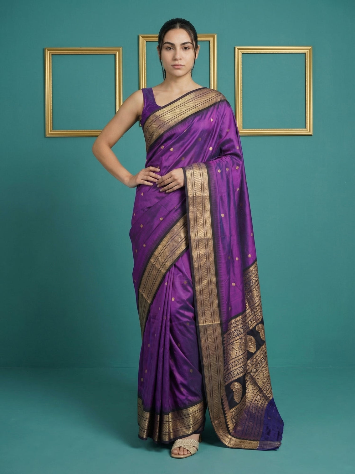 Royal purple black soft silk saree with golden zari motif weaving
