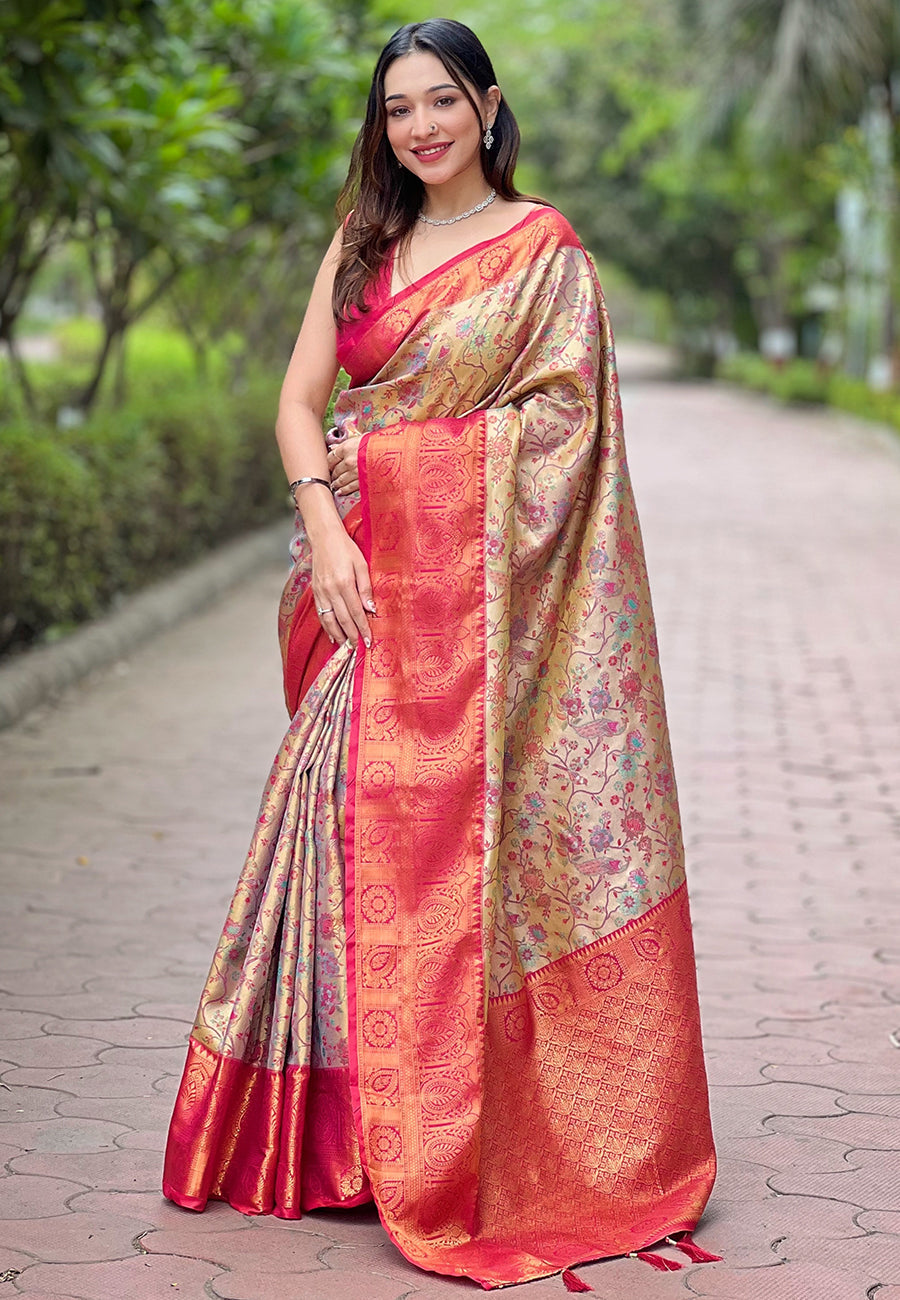 Pink original dharmavaram silk traditional zari woven saree