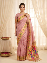 Baby Pink Bamboo Tissue Silk Paithani Saree Designer Traditional Saree With Lotus Meenakari Pallu Zari Weaving Wedding Festive Saree