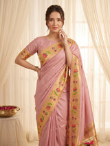 Baby Pink Bamboo Tissue Silk Paithani Saree Designer Traditional Saree With Lotus Meenakari Pallu Zari Weaving Wedding Festive Saree