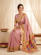 Baby Pink Bamboo Tissue Silk Paithani Saree Designer Traditional Saree With Lotus Meenakari Pallu Zari Weaving Wedding Festive Saree