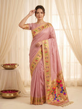 Baby Pink Bamboo Tissue Silk Paithani Saree Designer Traditional Saree With Lotus Meenakari Pallu Zari Weaving Wedding Festive Saree
