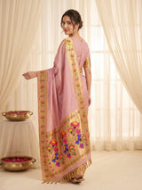 Baby Pink Bamboo Tissue Silk Paithani Saree Designer Traditional Saree With Lotus Meenakari Pallu Zari Weaving Wedding Festive Saree