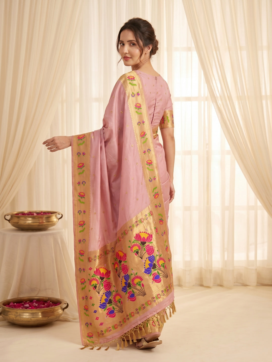 Baby Pink Bamboo Tissue Silk Paithani Saree Designer Traditional Saree With Lotus Meenakari Pallu Zari Weaving Wedding Festive Saree