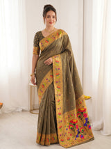 Black Bamboo Tissue Silk Paithani Saree Designer Traditional Saree With Lotus Meenakari Pallu Zari Weaving Wedding Festive Saree
