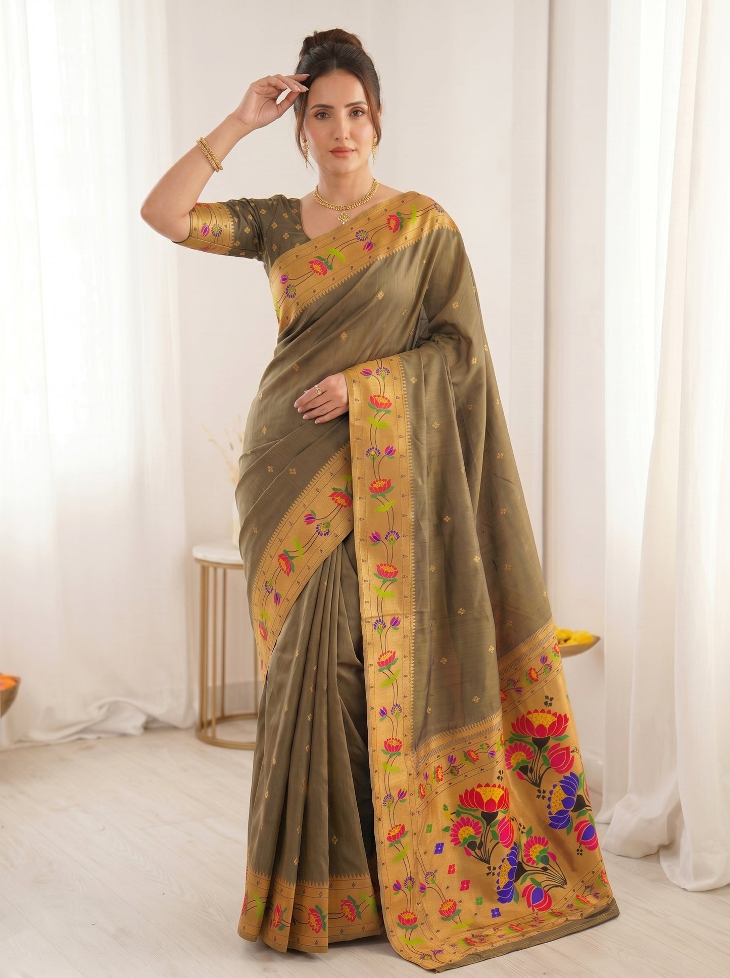 Black Bamboo Tissue Silk Paithani Saree Designer Traditional Saree With Lotus Meenakari Pallu Zari Weaving Wedding Festive Saree