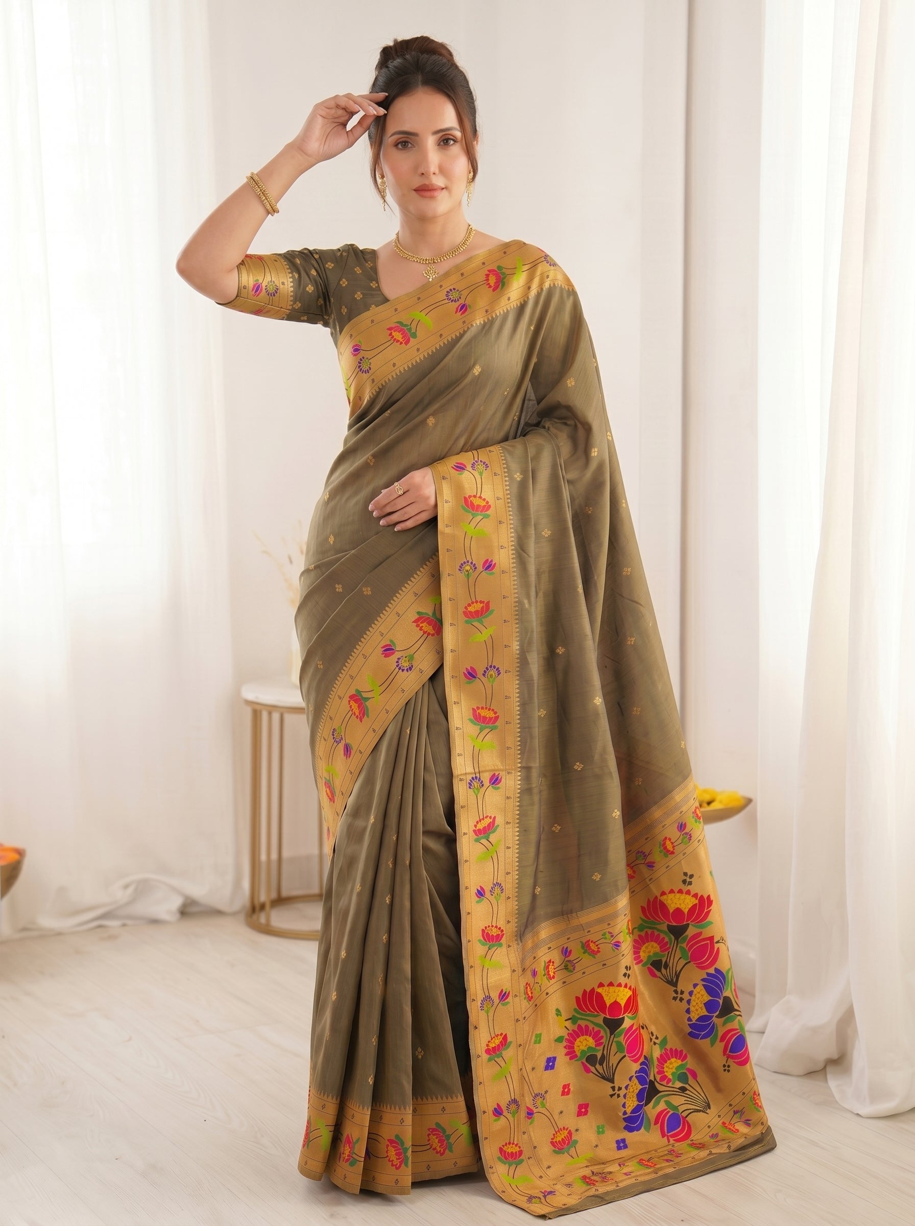 Black Bamboo Tissue Silk Paithani Saree Designer Traditional Saree With Lotus Meenakari Pallu Zari Weaving Wedding Festive Saree