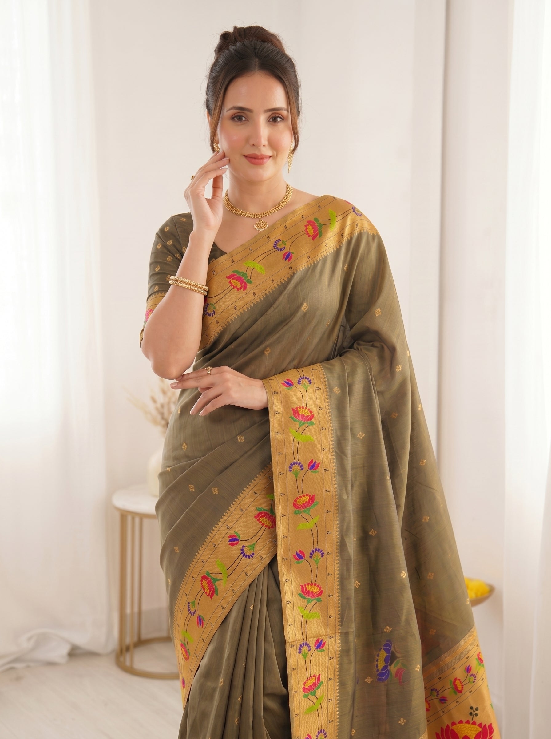 Black Bamboo Tissue Silk Paithani Saree Designer Traditional Saree With Lotus Meenakari Pallu Zari Weaving Wedding Festive Saree