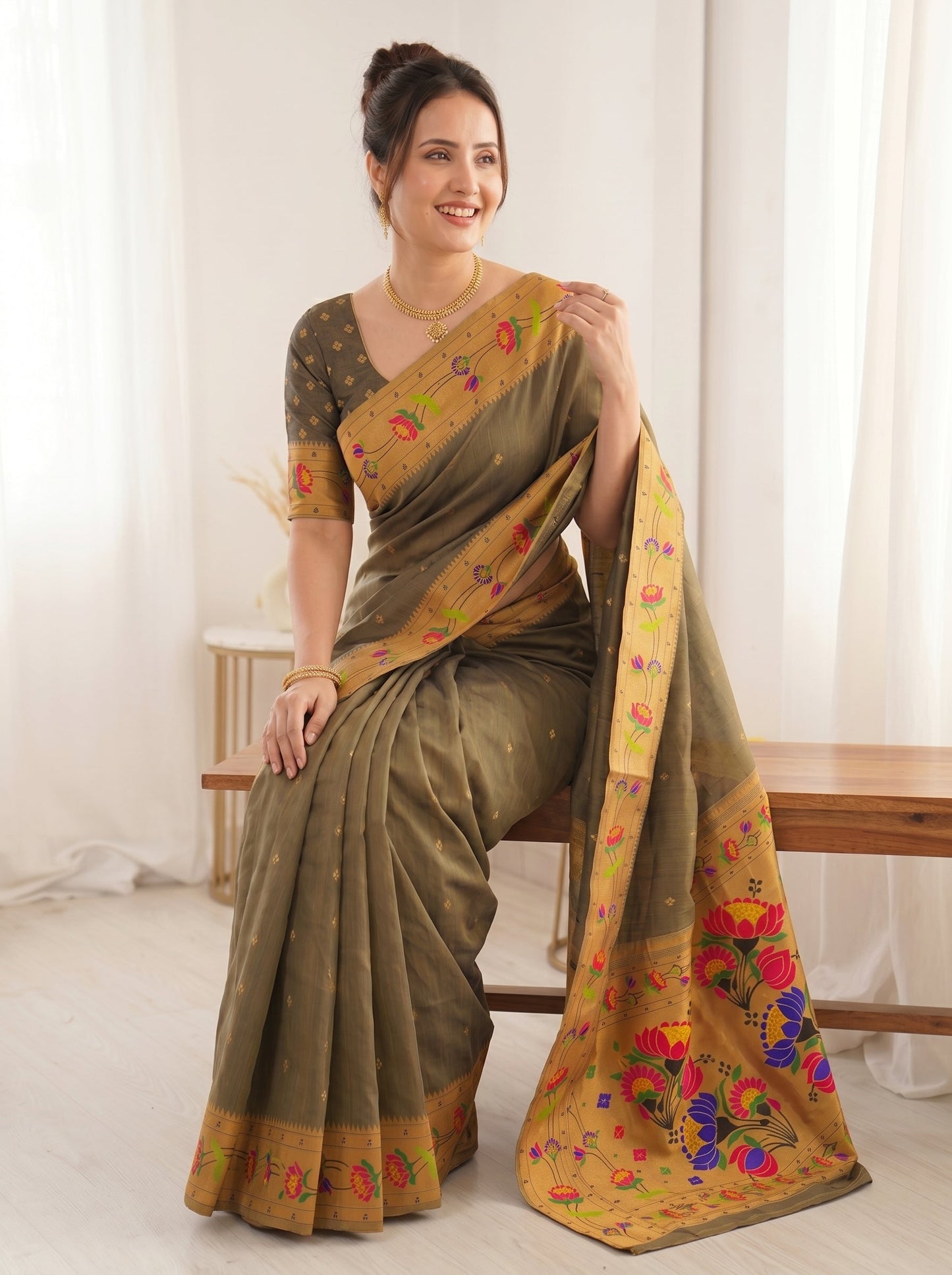 Black Bamboo Tissue Silk Paithani Saree Designer Traditional Saree With Lotus Meenakari Pallu Zari Weaving Wedding Festive Saree
