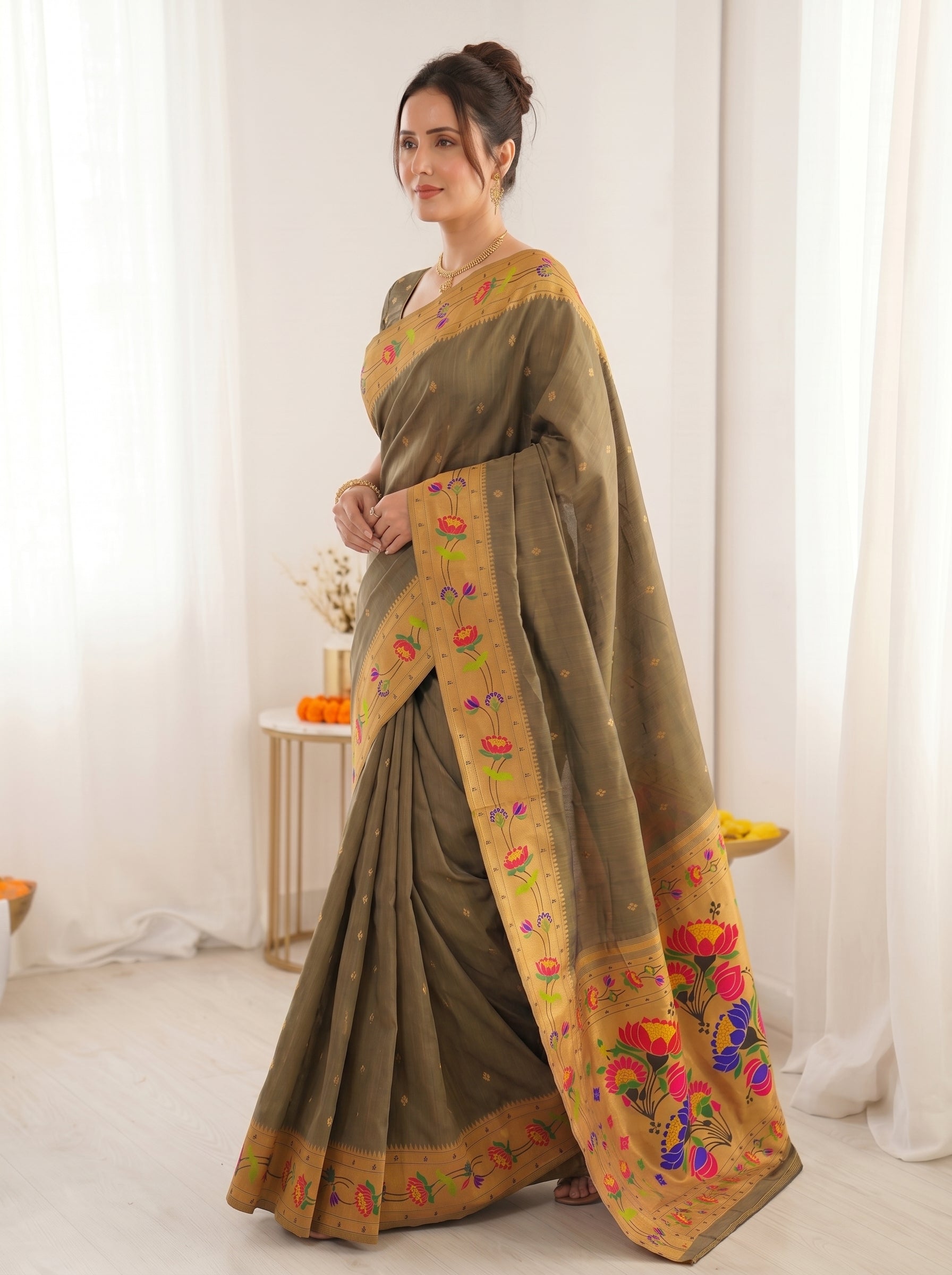 Black Bamboo Tissue Silk Paithani Saree Designer Traditional Saree With Lotus Meenakari Pallu Zari Weaving Wedding Festive Saree