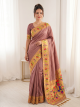 Coral Bamboo Tissue Silk Paithani Saree Designer Traditional Saree With Lotus Meenakari Pallu Zari Weaving Wedding Festive Saree