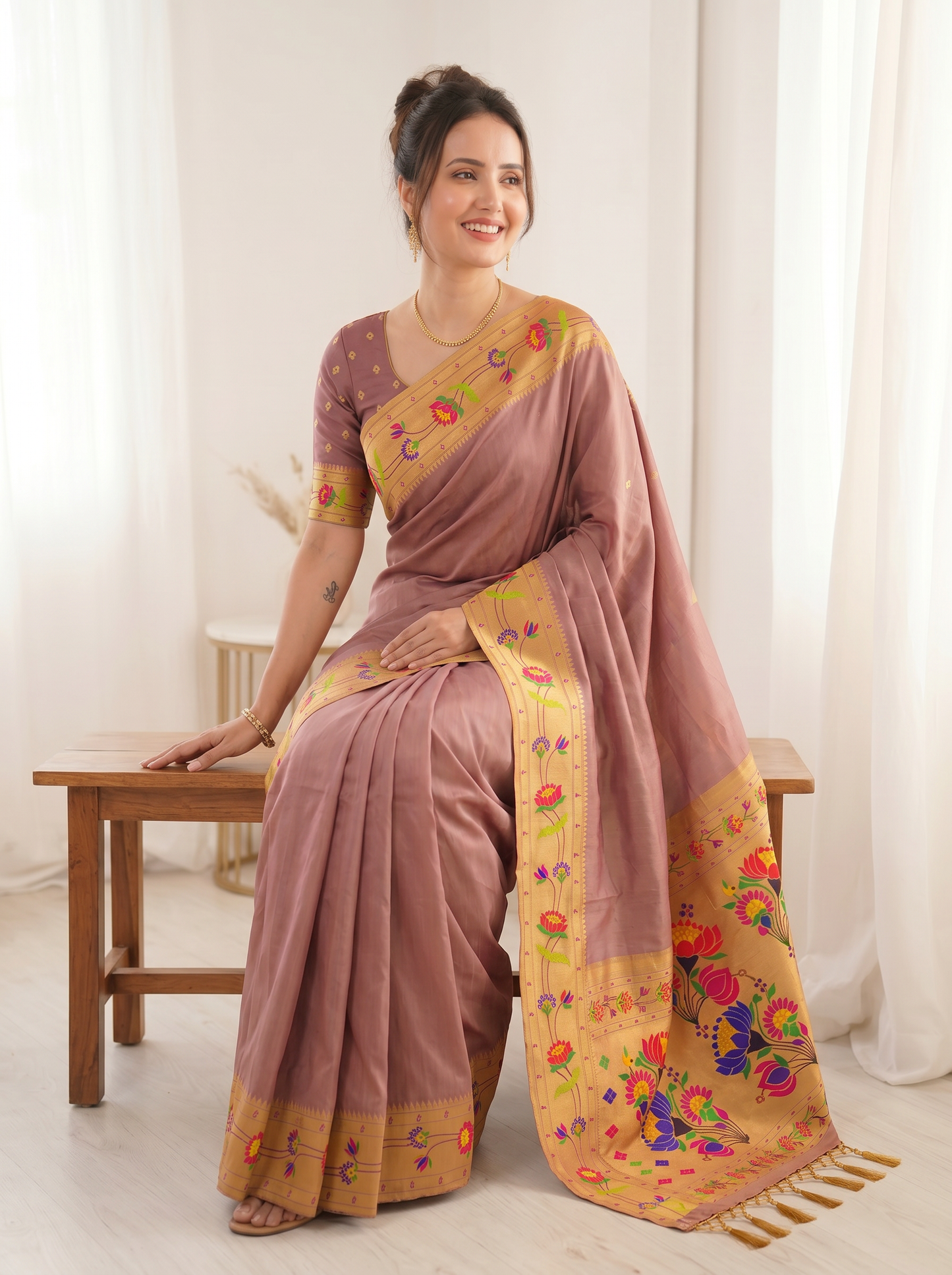 Coral Bamboo Tissue Silk Paithani Saree Designer Traditional Saree With Lotus Meenakari Pallu Zari Weaving Wedding Festive Saree