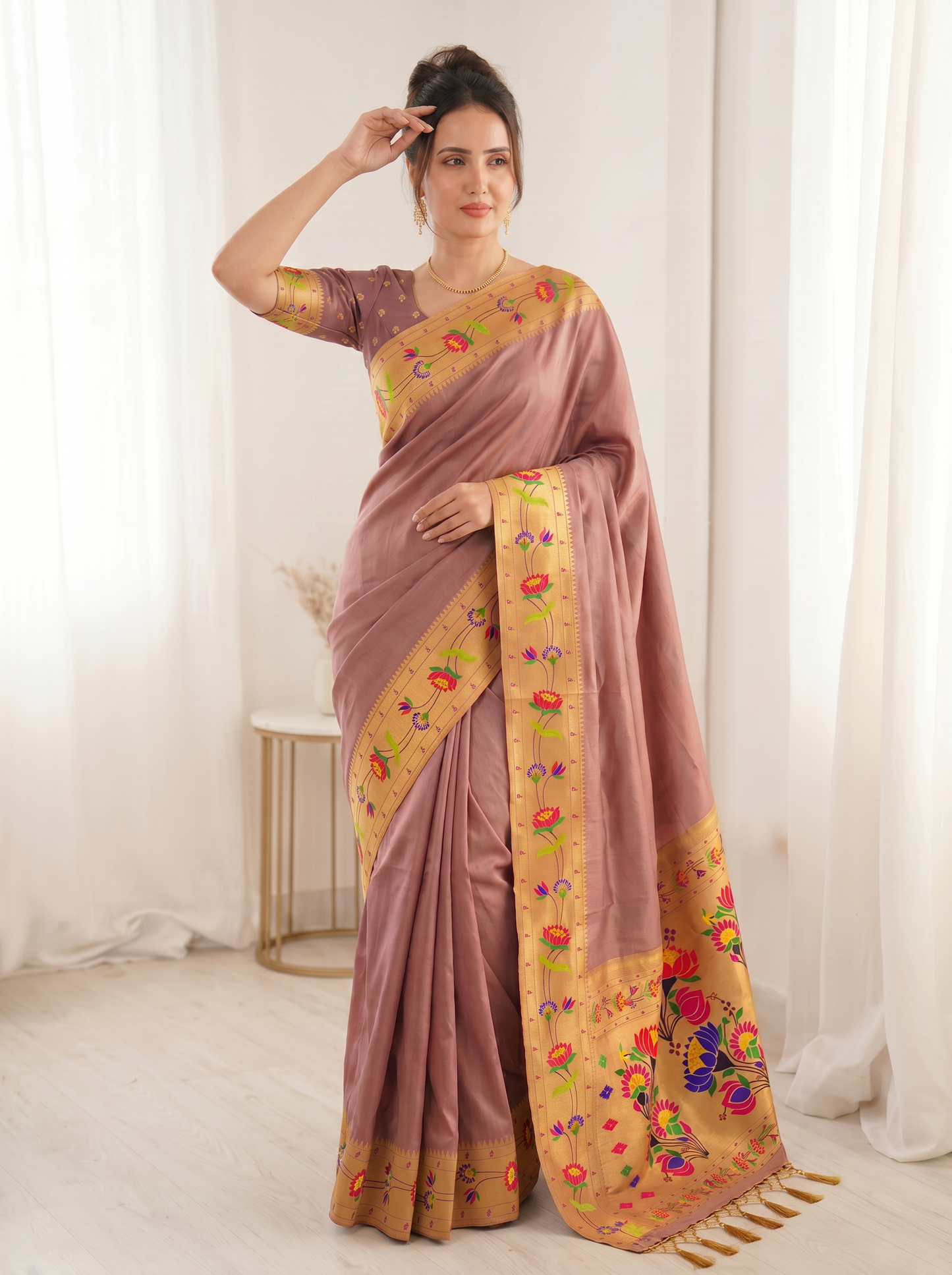 Coral Bamboo Tissue Silk Paithani Saree Designer Traditional Saree With Lotus Meenakari Pallu Zari Weaving Wedding Festive Saree