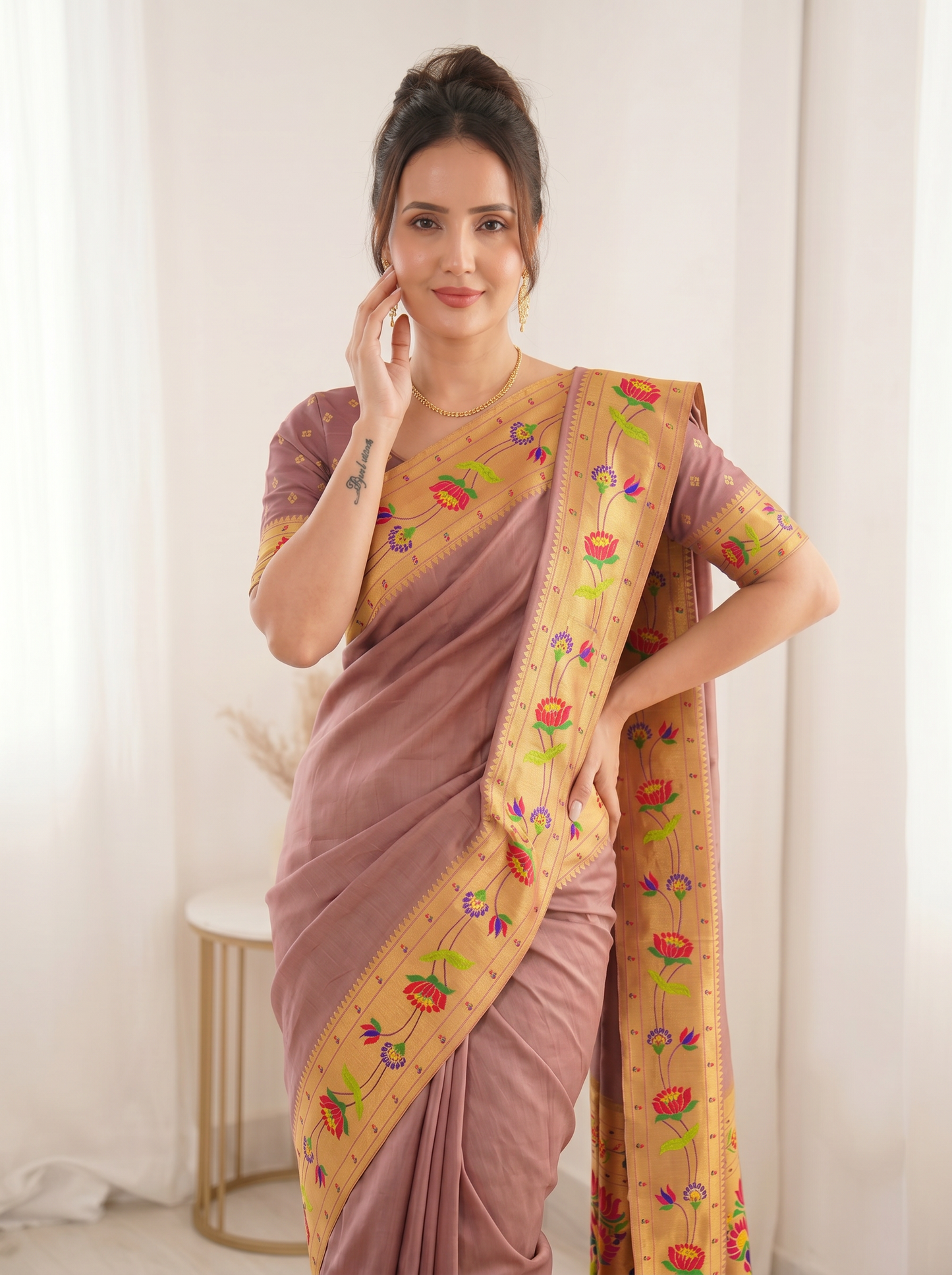 Coral Bamboo Tissue Silk Paithani Saree Designer Traditional Saree With Lotus Meenakari Pallu Zari Weaving Wedding Festive Saree
