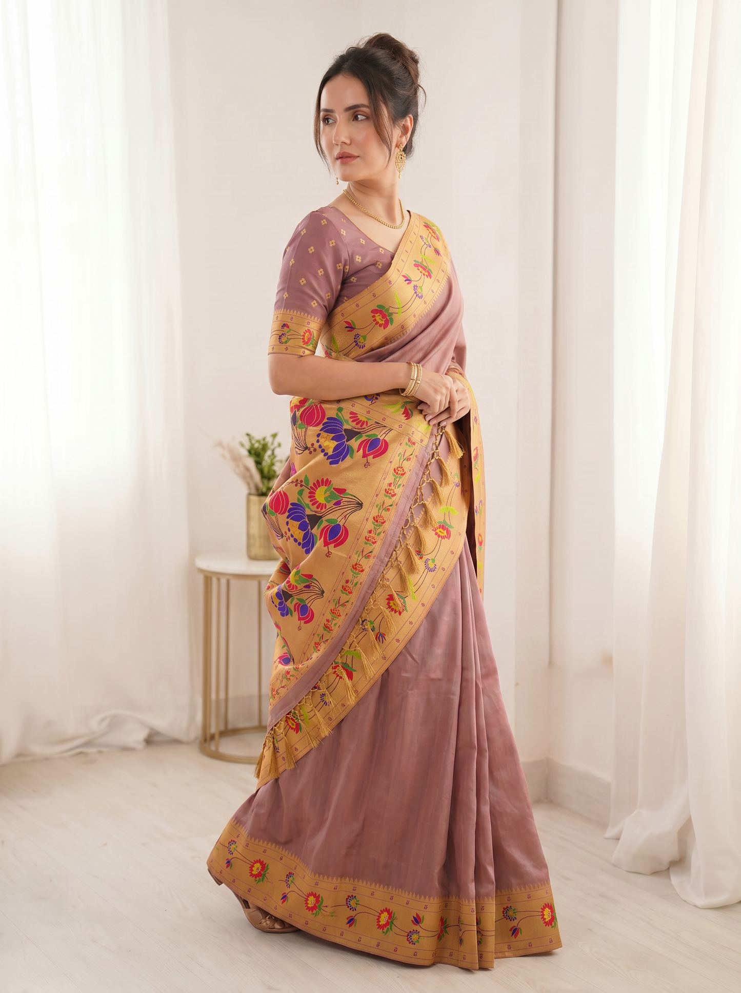 Coral Bamboo Tissue Silk Paithani Saree Designer Traditional Saree With Lotus Meenakari Pallu Zari Weaving Wedding Festive Saree