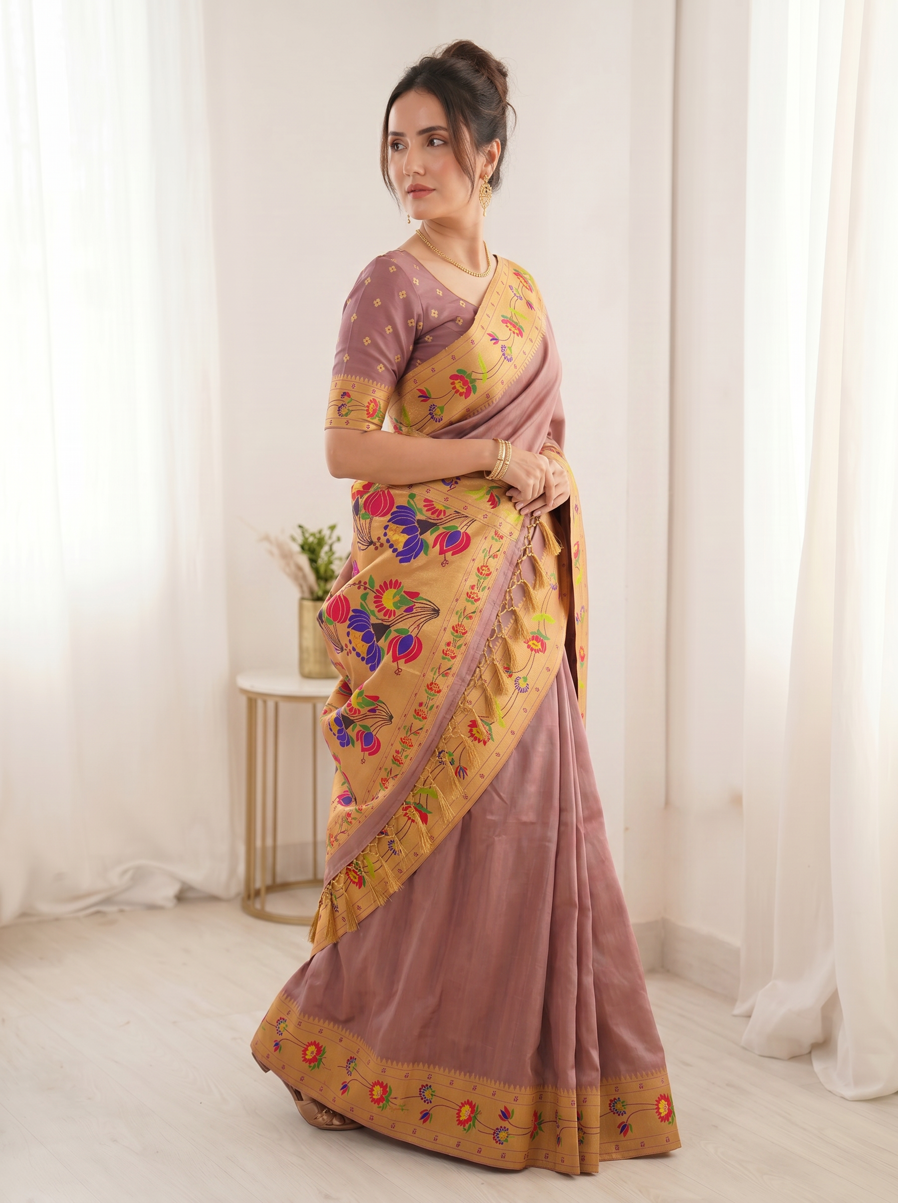 Coral Bamboo Tissue Silk Paithani Saree Designer Traditional Saree With Lotus Meenakari Pallu Zari Weaving Wedding Festive Saree