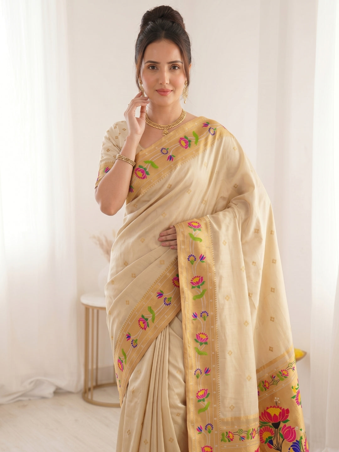 Cream Bamboo Tissue Silk Paithani Saree Designer Traditional Saree With Lotus Meenakari Pallu Zari Weaving Wedding Festive Saree