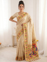 Cream Bamboo Tissue Silk Paithani Saree Designer Traditional Saree With Lotus Meenakari Pallu Zari Weaving Wedding Festive Saree
