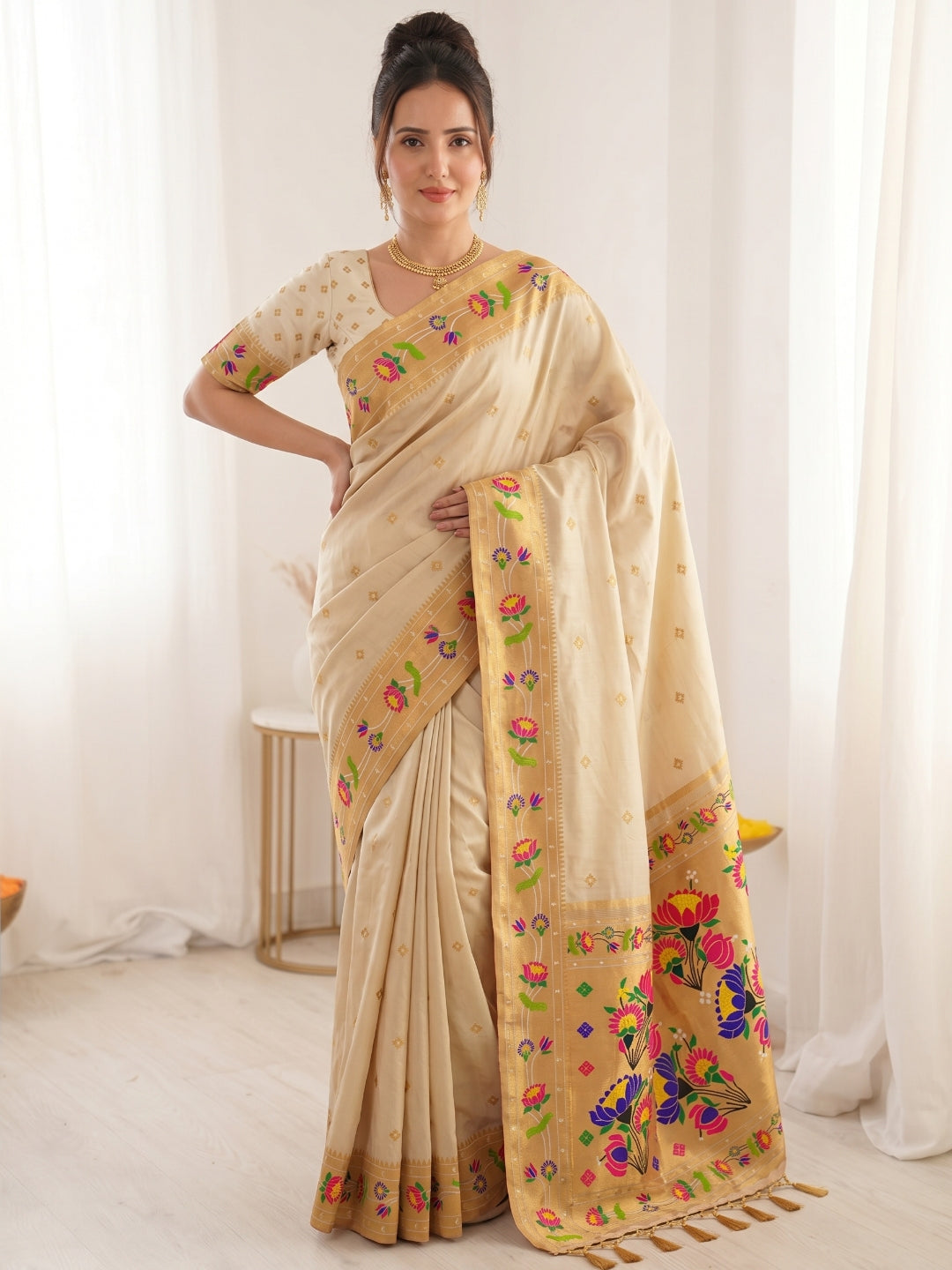 Cream Bamboo Tissue Silk Paithani Saree Designer Traditional Saree With Lotus Meenakari Pallu Zari Weaving Wedding Festive Saree