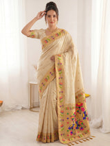 Cream Bamboo Tissue Silk Paithani Saree Designer Traditional Saree With Lotus Meenakari Pallu Zari Weaving Wedding Festive Saree