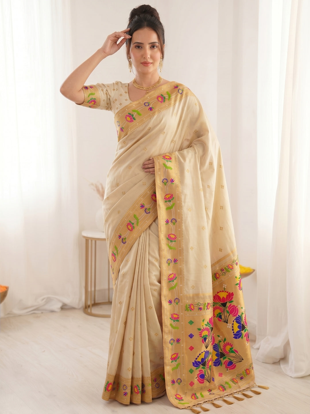 Cream Bamboo Tissue Silk Paithani Saree Designer Traditional Saree With Lotus Meenakari Pallu Zari Weaving Wedding Festive Saree