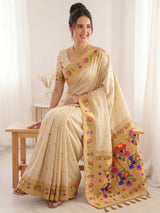 Cream Bamboo Tissue Silk Paithani Saree Designer Traditional Saree With Lotus Meenakari Pallu Zari Weaving Wedding Festive Saree