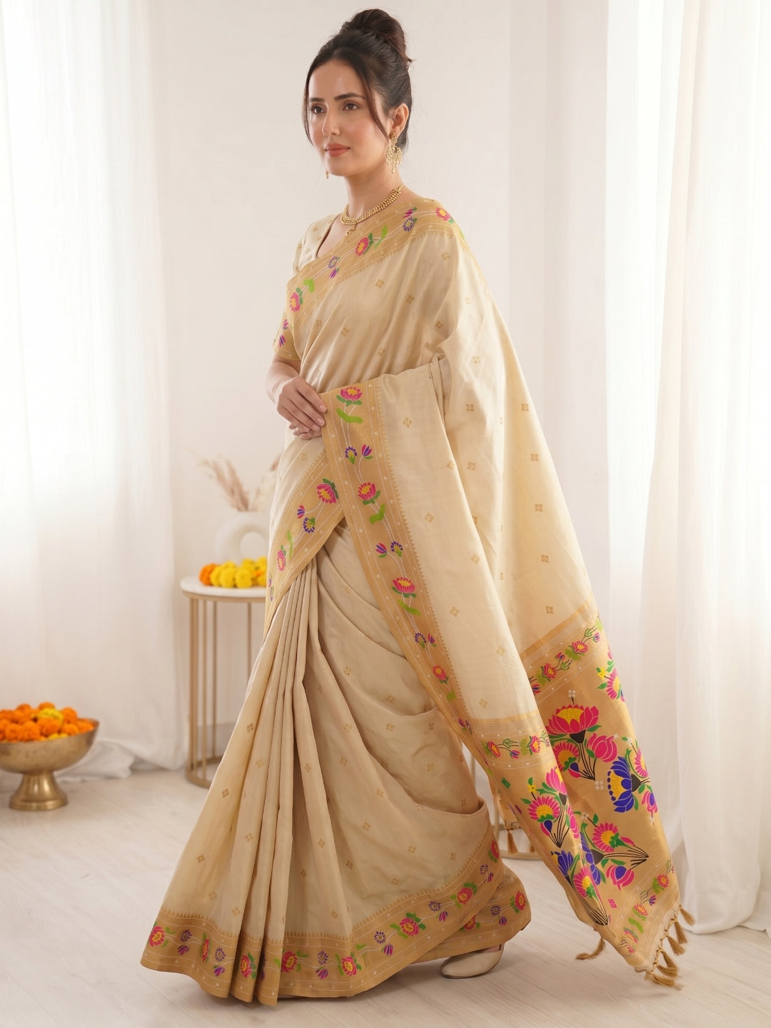 Cream Bamboo Tissue Silk Paithani Saree Designer Traditional Saree With Lotus Meenakari Pallu Zari Weaving Wedding Festive Saree