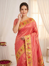 Peach Bamboo Tissue Silk Paithani Saree Designer Traditional Saree With Lotus Meenakari Pallu Zari Weaving Wedding Festive Saree