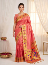 Peach Bamboo Tissue Silk Paithani Saree Designer Traditional Saree With Lotus Meenakari Pallu Zari Weaving Wedding Festive Saree