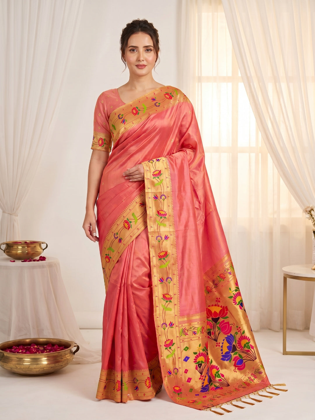 Peach Bamboo Tissue Silk Paithani Saree Designer Traditional Saree With Lotus Meenakari Pallu Zari Weaving Wedding Festive Saree