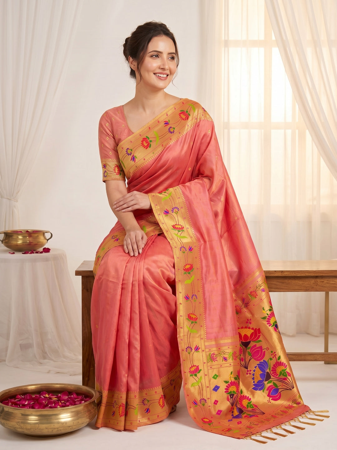 Peach Bamboo Tissue Silk Paithani Saree Designer Traditional Saree With Lotus Meenakari Pallu Zari Weaving Wedding Festive Saree