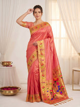 Peach Bamboo Tissue Silk Paithani Saree Designer Traditional Saree With Lotus Meenakari Pallu Zari Weaving Wedding Festive Saree