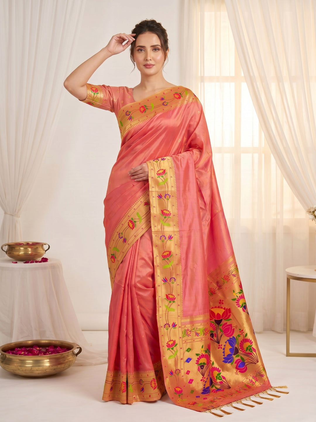 Peach Bamboo Tissue Silk Paithani Saree Designer Traditional Saree With Lotus Meenakari Pallu Zari Weaving Wedding Festive Saree