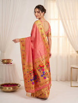 Peach Bamboo Tissue Silk Paithani Saree Designer Traditional Saree With Lotus Meenakari Pallu Zari Weaving Wedding Festive Saree