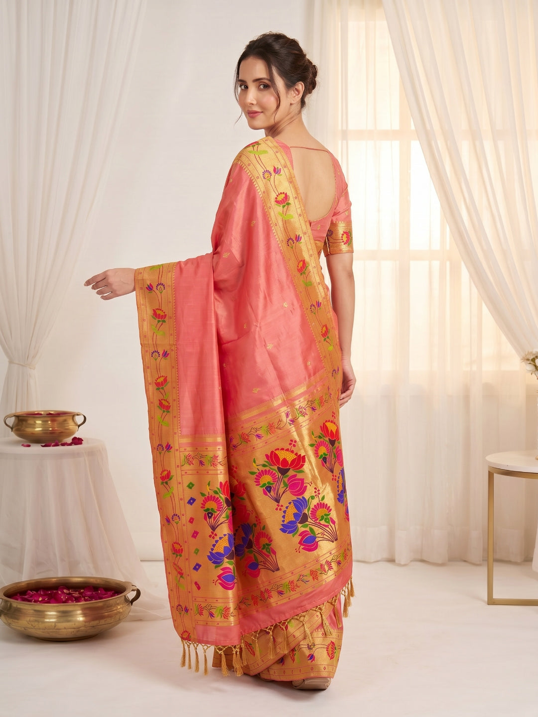 Peach Bamboo Tissue Silk Paithani Saree Designer Traditional Saree With Lotus Meenakari Pallu Zari Weaving Wedding Festive Saree