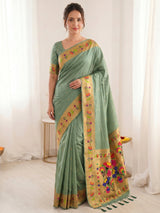 Sea Green Bamboo Tissue Silk Paithani Saree Designer Traditional Saree With Lotus Meenakari Pallu Zari Weaving Wedding Festive Saree