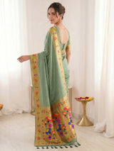Sea Green Bamboo Tissue Silk Paithani Saree Designer Traditional Saree With Lotus Meenakari Pallu Zari Weaving Wedding Festive Saree