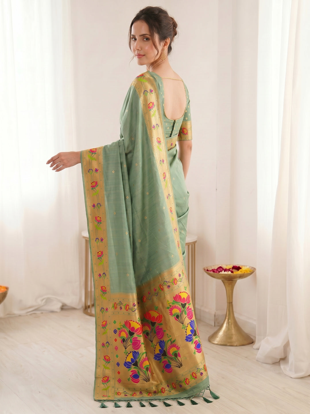 Sea Green Bamboo Tissue Silk Paithani Saree Designer Traditional Saree With Lotus Meenakari Pallu Zari Weaving Wedding Festive Saree