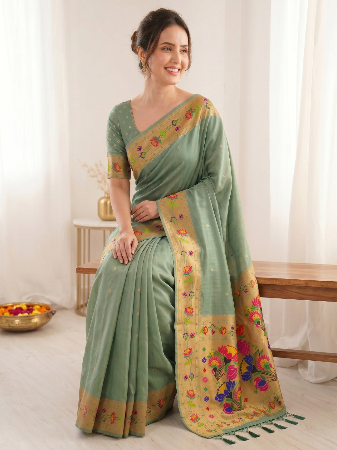 Sea Green Bamboo Tissue Silk Paithani Saree Designer Traditional Saree With Lotus Meenakari Pallu Zari Weaving Wedding Festive Saree