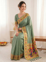 Sea Green Bamboo Tissue Silk Paithani Saree Designer Traditional Saree With Lotus Meenakari Pallu Zari Weaving Wedding Festive Saree
