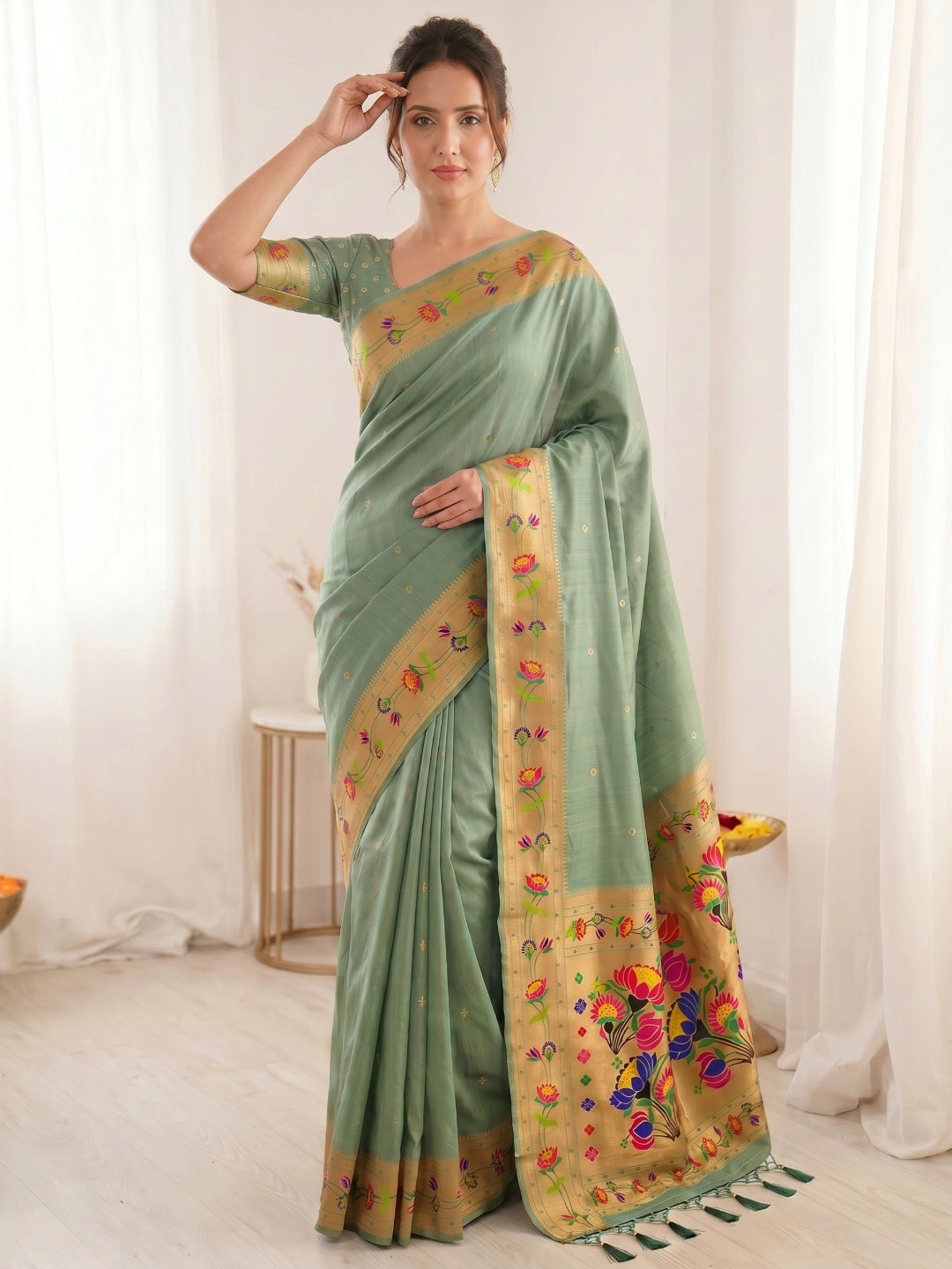 Sea Green Bamboo Tissue Silk Paithani Saree Designer Traditional Saree With Lotus Meenakari Pallu Zari Weaving Wedding Festive Saree
