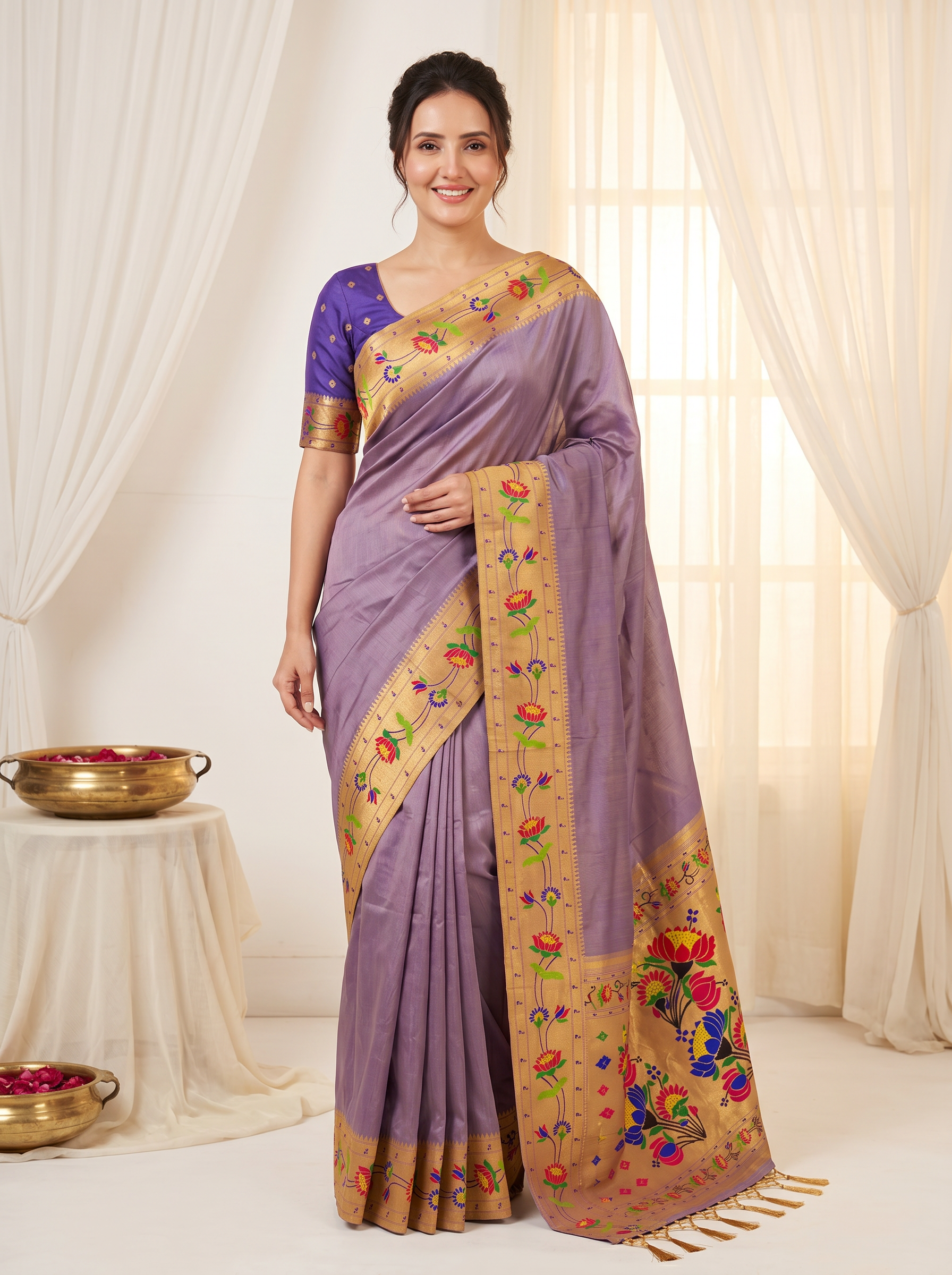 Violet Bamboo Tissue Silk Paithani Saree Designer Traditional Saree With Lotus Meenakari Pallu Zari Weaving Wedding Festive Saree