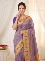 Violet Bamboo Tissue Silk Paithani Saree Designer Traditional Saree With Lotus Meenakari Pallu Zari Weaving Wedding Festive Saree