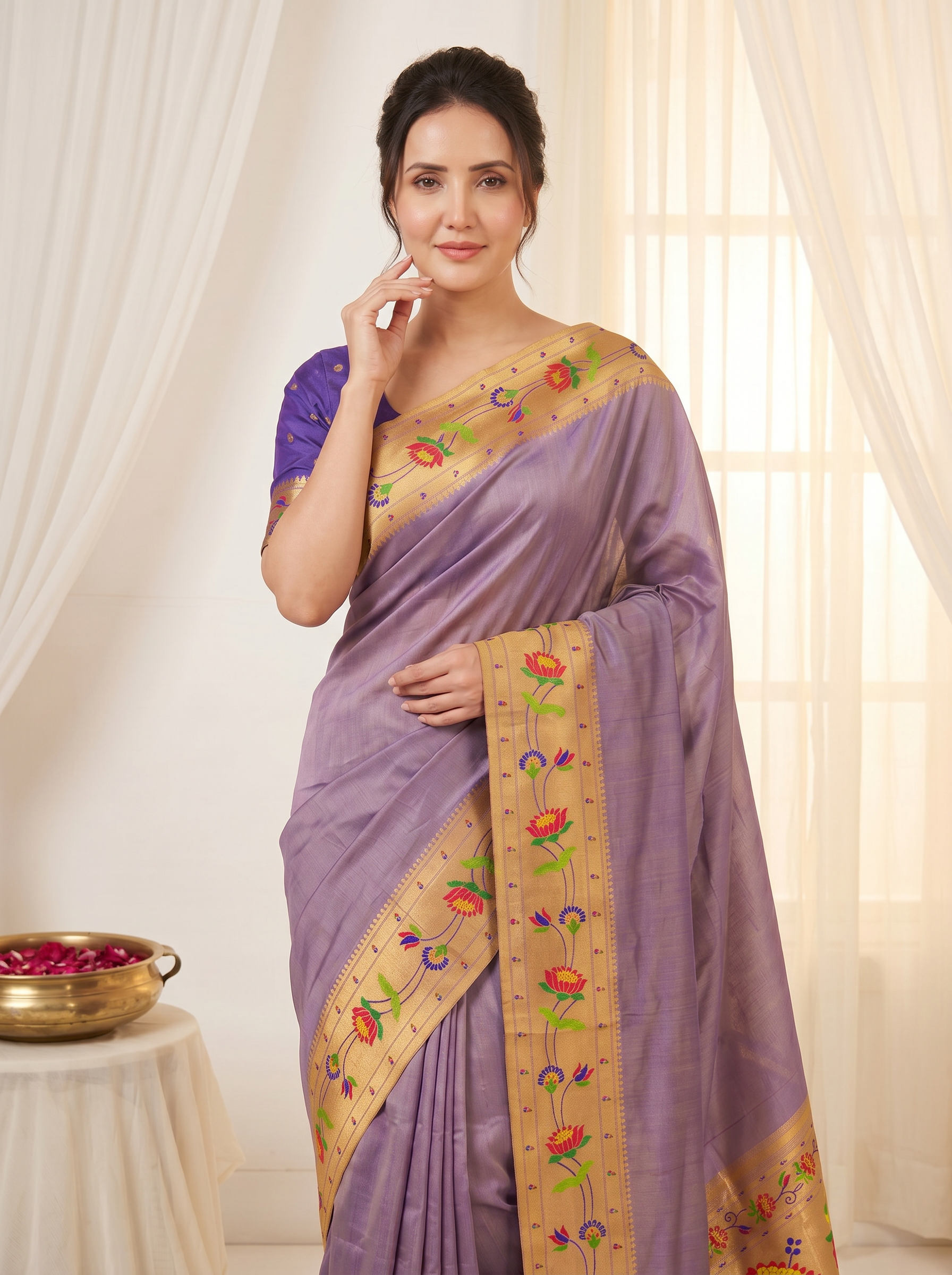 Violet Bamboo Tissue Silk Paithani Saree Designer Traditional Saree With Lotus Meenakari Pallu Zari Weaving Wedding Festive Saree