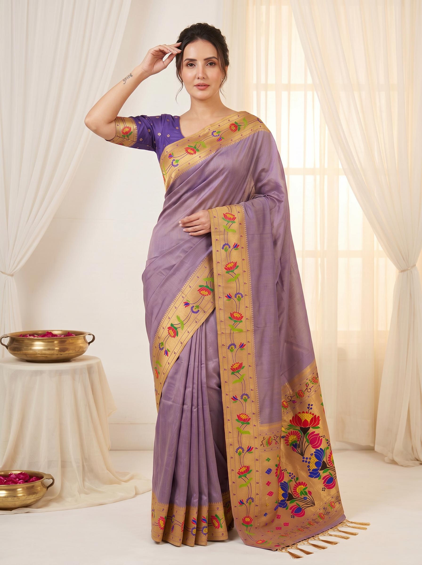 Violet Bamboo Tissue Silk Paithani Saree Designer Traditional Saree With Lotus Meenakari Pallu Zari Weaving Wedding Festive Saree