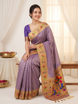 Violet Bamboo Tissue Silk Paithani Saree Designer Traditional Saree With Lotus Meenakari Pallu Zari Weaving Wedding Festive Saree