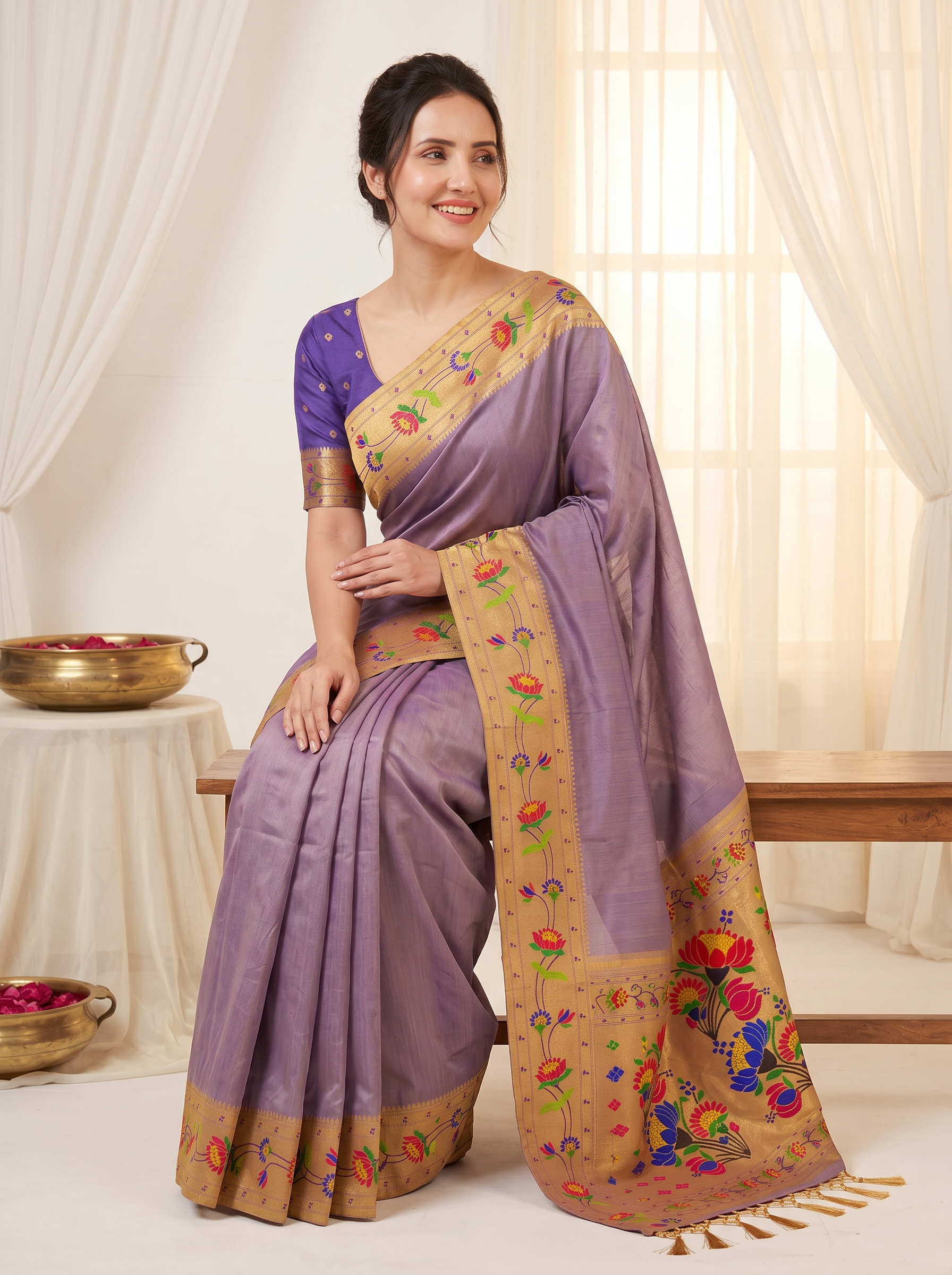 Violet Bamboo Tissue Silk Paithani Saree Designer Traditional Saree With Lotus Meenakari Pallu Zari Weaving Wedding Festive Saree