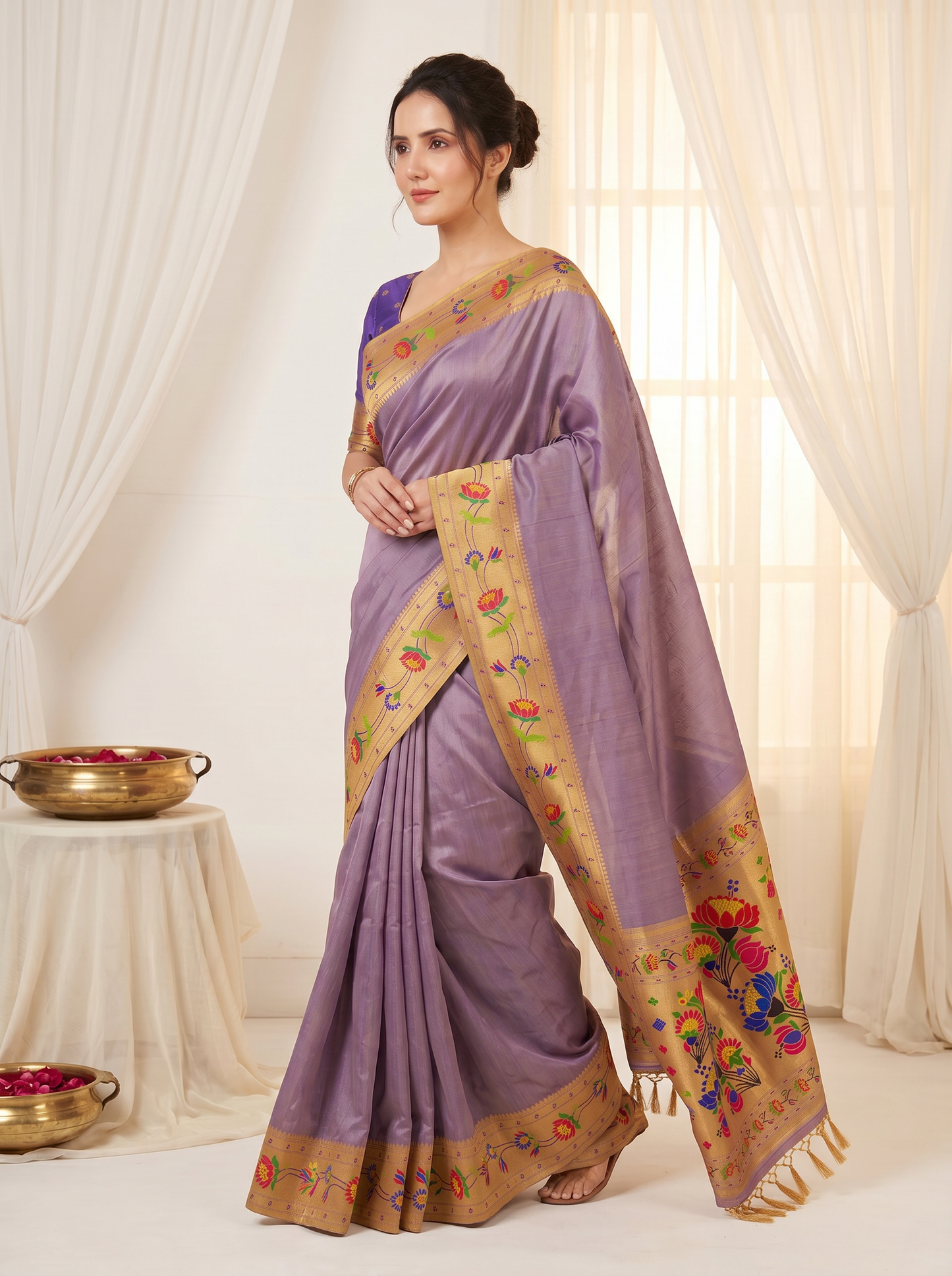 Violet Bamboo Tissue Silk Paithani Saree Designer Traditional Saree With Lotus Meenakari Pallu Zari Weaving Wedding Festive Saree