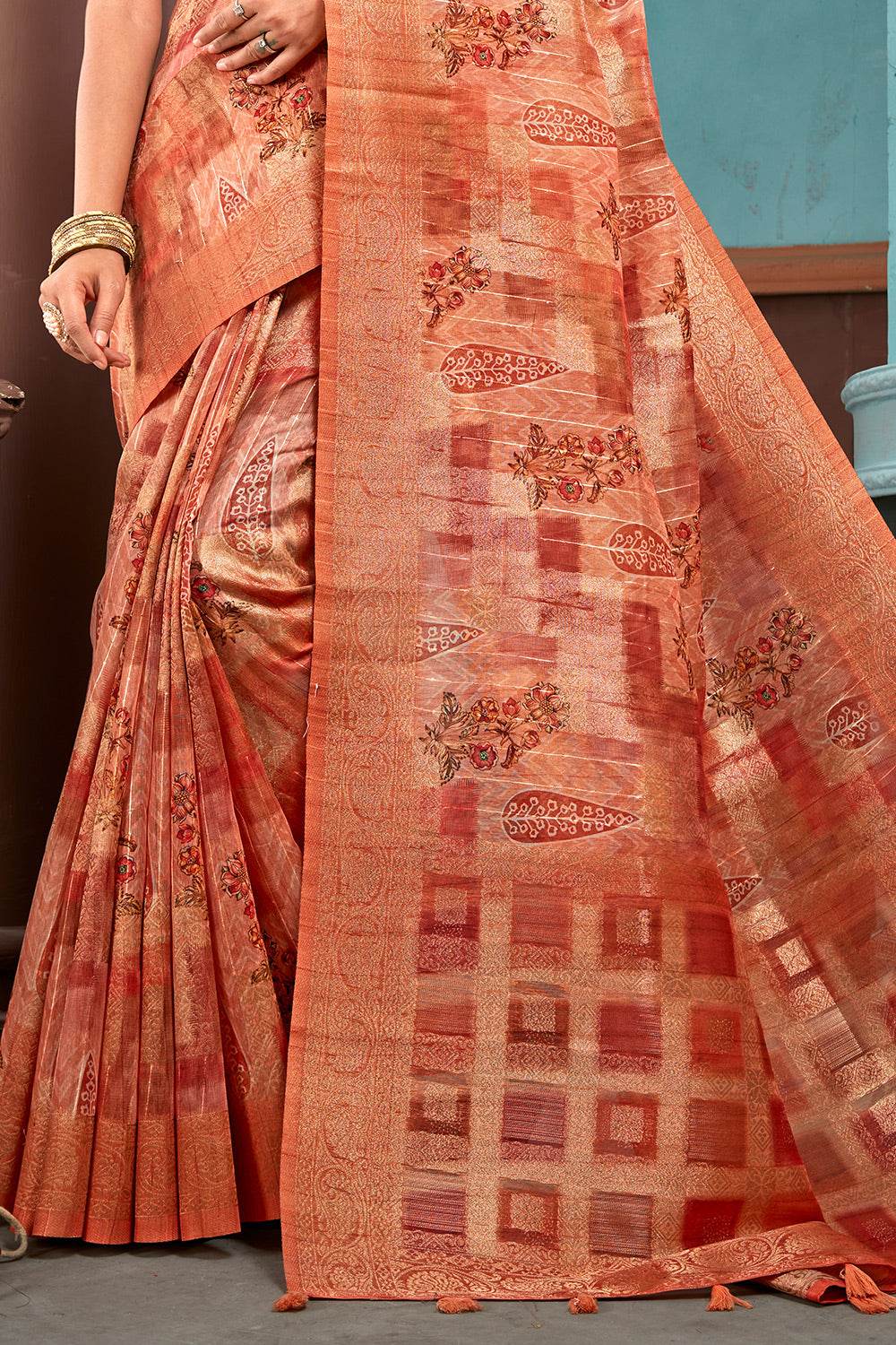 Dark Orange Cotton Linen NeoJacquard Digital Elegance Saree